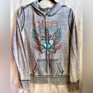 EUC Sinful Gray Graphic Zip-Up Hoodie with Angel Wing Design Size S/M